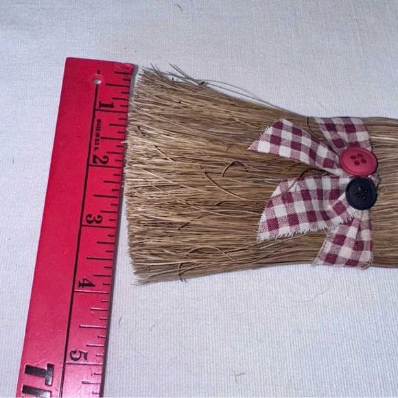 Vintage Whisk Broom Primitive USA Burgundy Check Ribbon Holiday Decor - Picture 12 of 16